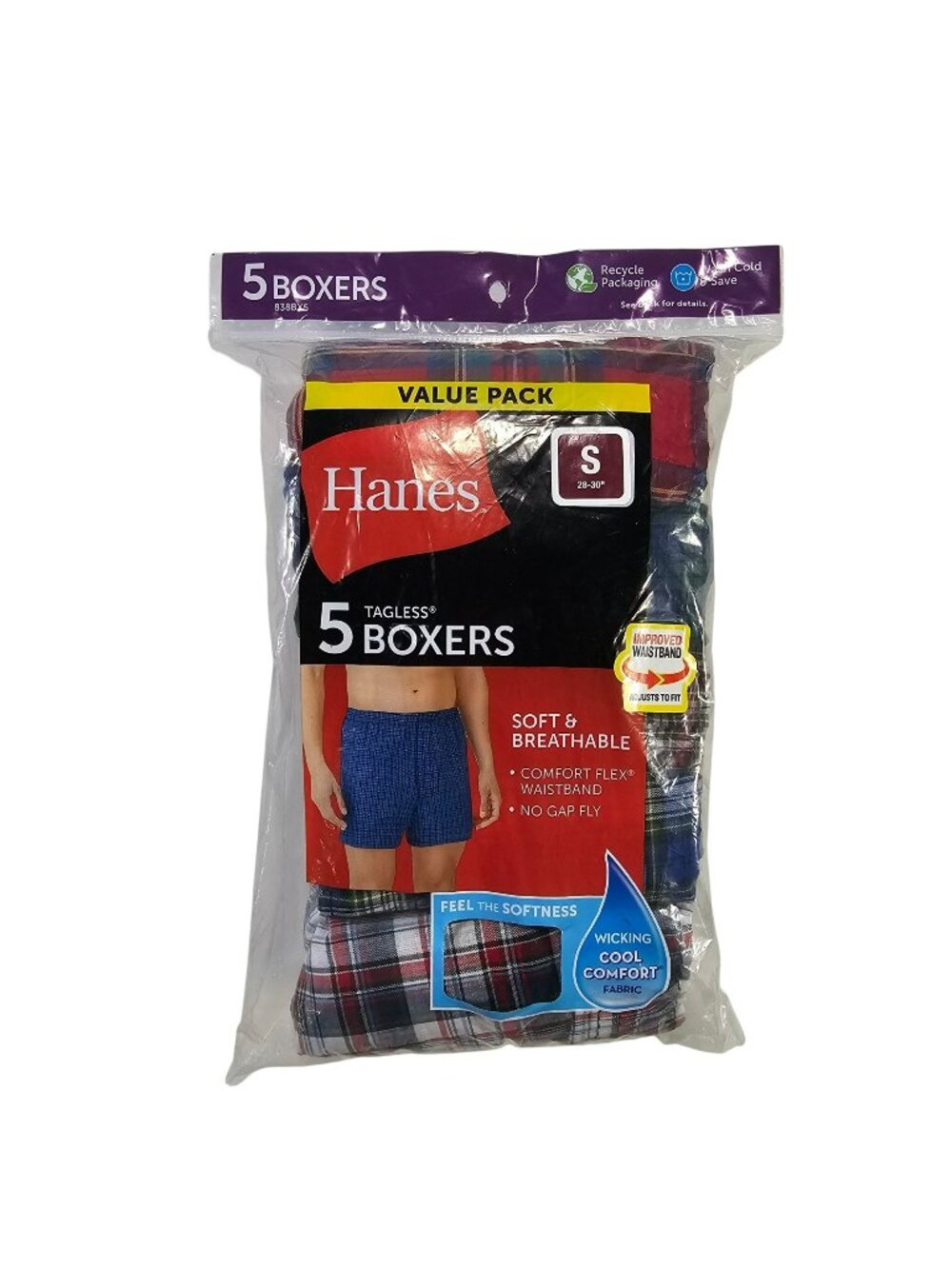 Hanes 5pk Tagless Plaid Boxers Comfort Flex Wicking Men's Size S 28-30 Assorted